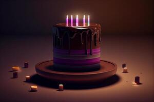Birthday cake with burning candles on dark background. 3D rendering photo