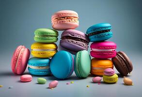 Colorful macaroons and macarons on blue background. photo