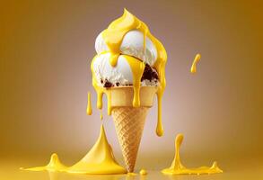 ice cream with chocolate and caramel on a yellow background. 3d rendering photo