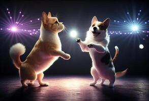 Cute puppy playing with cat on stage with spotlights in background photo