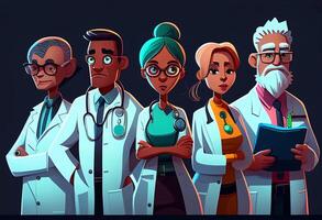 grupo de doctores ilustración en dibujos animados estilo. médico equipo. generativo ai foto