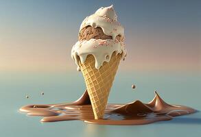 ice cream with chocolate and caramel on a yellow background. 3d rendering photo