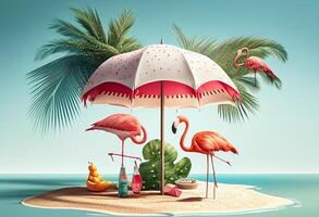 Fantasy landscape with watermelon and umbrella. summer concept, 3D illustration. photo