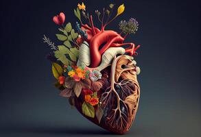 humano corazón con flores y hojas en oscuro antecedentes. 3d ilustración generativo ai foto