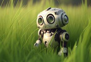 Robot toy in green grass field at sunset time. 3d rendering. photo