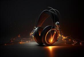 auriculares en un negro antecedentes. 3d representación, 3d ilustración. generativo ai foto