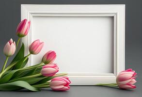 White frame with pink tulips on gray background. Copy space. photo