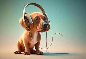 dog listening to music with headphones on blue background. 3d illustration photo