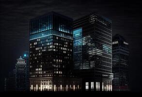 moderno rascacielos en el ciudad a noche. 3d representación generativo ai foto