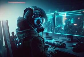 Portrait of a male gamer playing online games on a computer. Cyber sport concept. photo