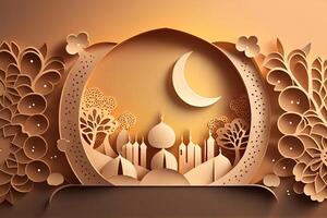 Ramadan Kareem and eid greeting card with mosque and moon in paper cut style photo