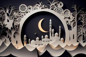 Ramadán kareem y eid saludo tarjeta con mezquita y Luna en papel cortar estilo generativo ai foto