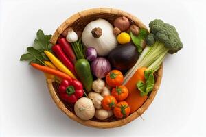 Vegetables in a basket on a white background, top view photo