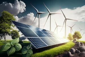 Solar panels and wind turbines. Renewable energy concept. 3D Rendering photo