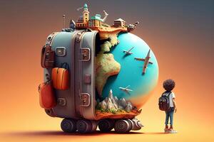 Traveling around the world concept. 3D illustration of a suitcase with a world map, airplane photo