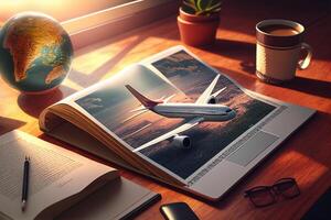 Traveling around the world concept with tablet pc and airplane on wooden table photo