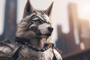 Portrait of a wolf in a helmet and armor on the background of the city. photo