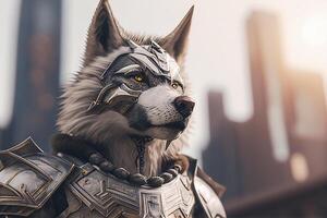 Portrait of a wolf in a helmet and armor on the background of the city. photo