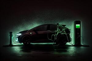 Electric car being charged at a charging station. Electric vehicle charging station on dark toned foggy background photo