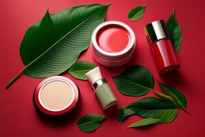 cosmético productos con verde hojas en rojo antecedentes. 3d representación generativo ai foto