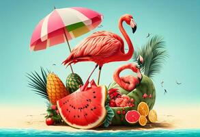 Fantasy landscape with watermelon and umbrella. summer concept, 3D illustration. photo