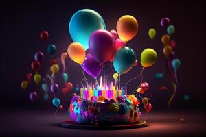 3D Birthday cake with flowers with colorful balloons, . 3d rendering photo