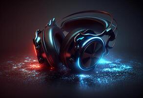 Headphones on a black background. 3d rendering, 3d illustration. photo