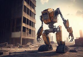 3d rendering of a robot in a construction site with buildings in the background photo