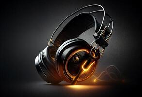 Headphones on a black background. 3d rendering, 3d illustration. photo