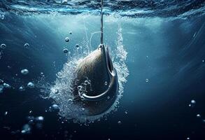 Fishing hook in water. 3d illustration. Conceptual image photo