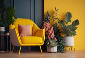 Modern living room interior with yellow armchair and plants. 3d render photo