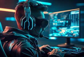 Portrait of a male gamer playing online games on a computer. Cyber sport concept. photo