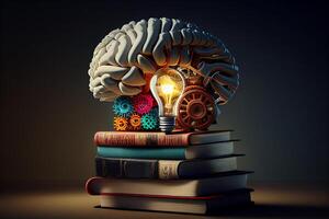 educación concepto. apilar de libros con cerebro y engranajes 3d ilustración generativo ai foto