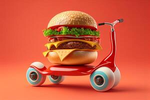 amburger with scooter isolated on red background. 3d illustration photo