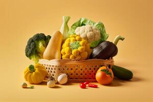 Fruits and vegetables in a basket on a yellow background. Healthy food. photo