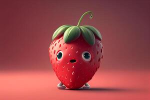 fresa con gracioso cara en rojo antecedentes. 3d ilustración generativo ai foto