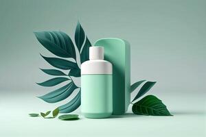 Mockup of cosmetic bottle and green leaves. 3D rendering photo