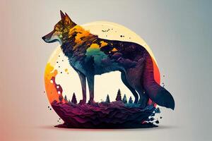 Colorful Wolf on the background of the moon and the forest. illustration photo