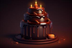 Birthday cake with burning candles on dark background. 3D rendering photo