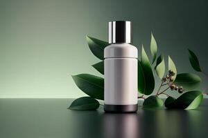 Cosmetic products on green background, 3d rendering. photo