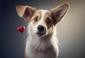 Portrait of a cute dog on a dark background with hearts. photo