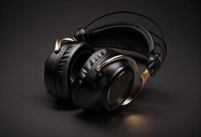 Headphones on a black background. 3d rendering, 3d illustration. photo