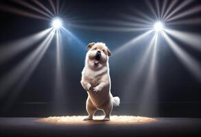 Funny pug dog dancing in studio with lights and spotlights photo