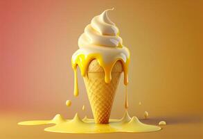 hielo crema con chocolate y caramelo en un amarillo antecedentes. 3d representación generativo ai foto