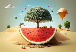 Fantasy landscape with watermelon and umbrella. summer concept, 3D illustration. photo