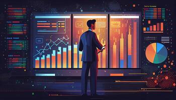 Back view of analyst working in Businessman Line chart realistic Image photo