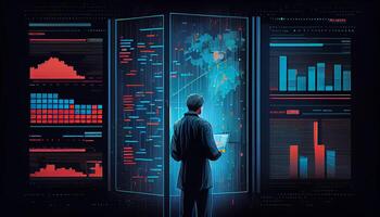 Back view of analyst working in young Businessman Line chart realistic Image photo