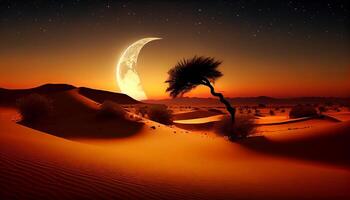 Vertical desert landscape with sand dunes with crescent moon and star at dark night Image photo