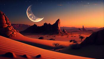 Vertical desert landscape with sand dunes with crescent moon and star at dark night Image photo