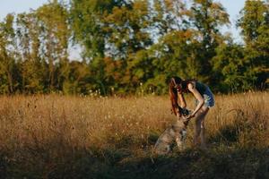 un mujer obras de teatro y bailes con un fornido raza perro en naturaleza en otoño en un césped campo, formación y formación un joven perro foto